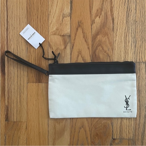 NWT Yves Saint Laurent YSL Beaute Cosmetic Canvas & Black Pouch Clutch Wristlet - Picture 1 of 11